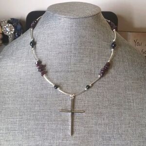 Sleek Cross Necklace w/ Garnets and Black Agate Goth - New Item (18"-21")